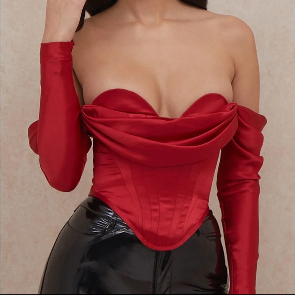 HOUSE OF CB 'Gala' Red Satin Long Sleeved Corset /Size L-US